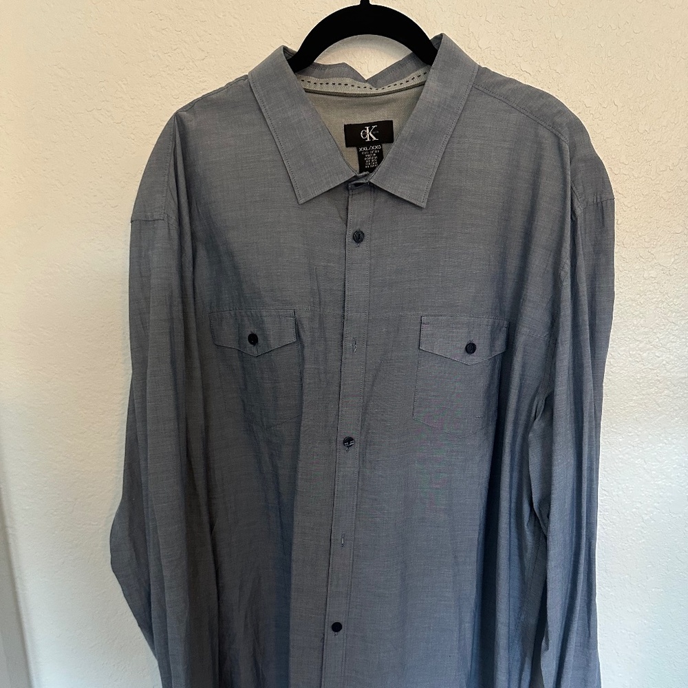 Calvin Klein Men Button Shirt Large Blue Long Sleeve Chest Pockets 100% Cotton